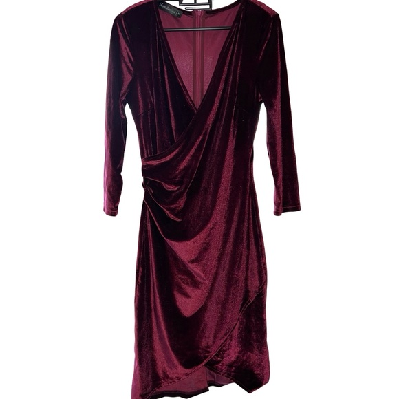 Burgundy Velvet Wrap Dress - Picture 2 of 3